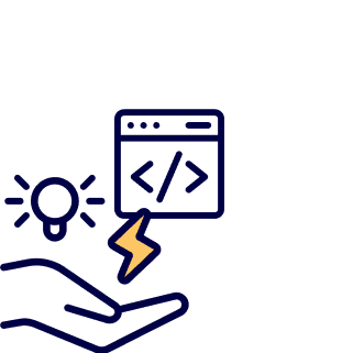 Icon with a hand and code, lightbulb and lenergy symbol
