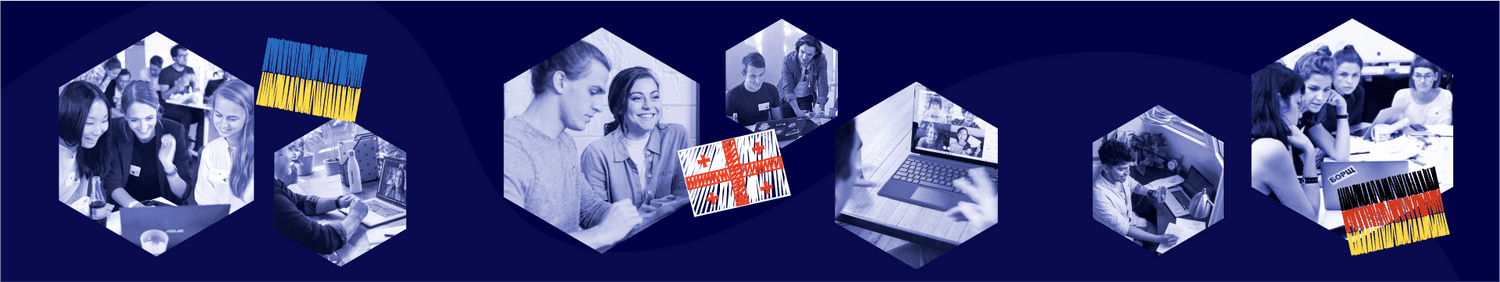Pictures of people working together on the hackathon and flags of Ukraine, Georgia and German