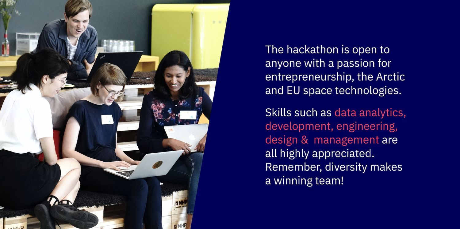 The graphic shows a photos of people working together. Additionally the following text is placed on the image: The hackathon is open to anyone with a passion for entrepreneurship, the Arctic and EU space technologies. Skills such as data analytics, development, engineering, design & management are all highly appreciated. Remeber diversity makes a winning team!
