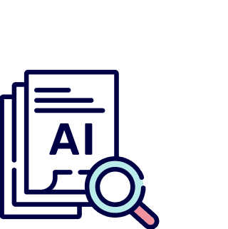 Icon with pages, AI written on them and a magnifying glass